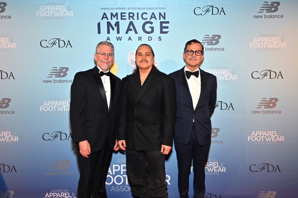 Stephen Lamar, AAFA President and CEO, Willy Chavarria and Steven Kolb attend the AAFA American Image Awards 2023 at The Plaza Hotel on April 25, 2023 in New York City. (Photo by Slaven Vlasic/Getty Images for AAFA American Image Awards)