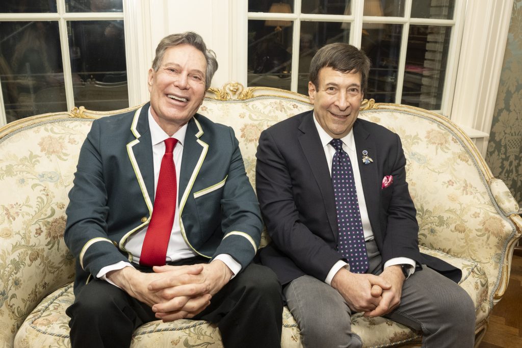 Matt Rich and Mark Simone attend Holiday Party In Honor Of Candace Bushnell at Private Residence on December 20, 2023 in New York. (Photo by Michael Ostuni/PMC/PMC)
