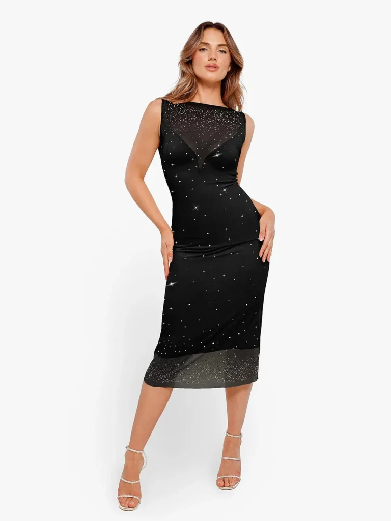 PopilushShapewear Two-in-One Heat-Set Crystal Mesh Slim Midi Dress in sizes S-XXL